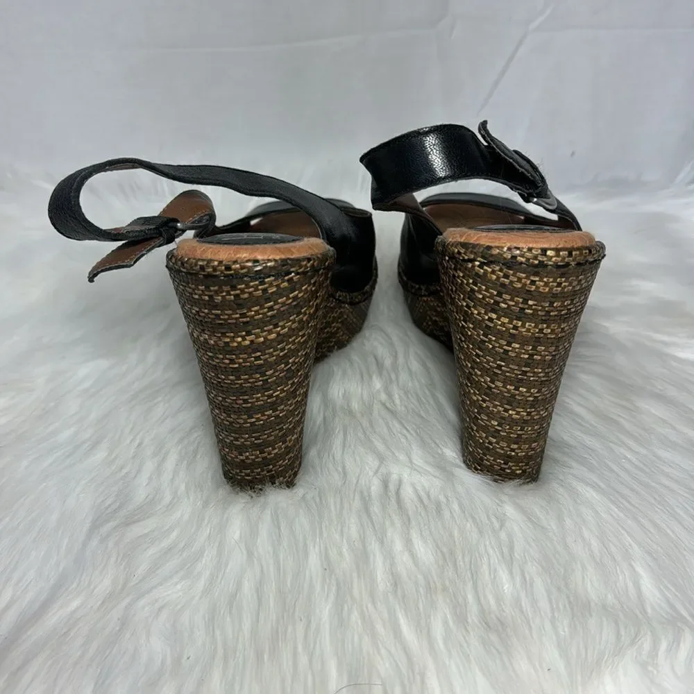 Born BOC Black Leather Raffia Wedge Peep‎ Toe Shoes Sz 9
